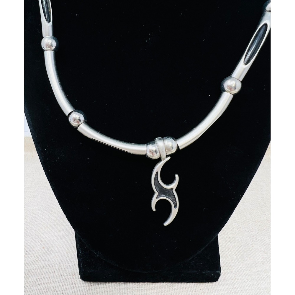 Y2K Mens Tribal Flame Pendant Necklace Silver Tone Bar Link Choker Biker Grunge